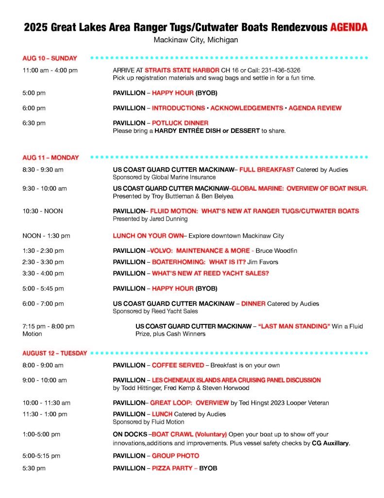 GREAT LAKES AREA RANGER TUGS/CUTWATER BOATS 2024 RENDEZVOUS – Traverse City, Michigan – We just put a wrap on our eighth Great Lakes Area Ranger Tugs 2024 Rendezvous. It was again at Clinch Park Marina, in our hometown of Traverse City this year. It has been a couple of years since Traverse City has seen so many Ranger Tugs in one place at once. Seventeen boats of all sizes and 48 people joined us (some came by land) for social activities and presentations from sponsors, including a session by Jared Dunning from the Ranger Tugs Factory. Jared spent all three days of the event walking the docks, talking to owners, getting on their boats, answering questions, or creating a plan to address the problem. Why Attend A Rendezvous? Our rendezvous is beneficial to our fellow Ranger Tug and Cutwater Boat attendees because we provide an opportunity for owners to connect socially with people who have similar boats and possibly similar interests. It is a good way to learn, from each other and the presenters, more about their boats, accessories, and cruising adventures. Another benefit of trailering your boat to a boat rendezvous is the ability to try other cruising grounds besides the ones close to home. Some of our attendees either cruised in the area before the rendezvous or after. Some of the locations we heard boats were headed after the rendezvous were… Beaver Island, Door County in Green Bay, and Northport. Other locations one could cruise to would be… Leland, Charlevoix, Harbor Springs, Mackinac Island, and many other small coastal towns of Michigan. Many Thanks! Thank you to our Sponsors …Fluid Motion, Garmin, Reed Yacht Sales, and Global Marine Insurance. This event would not have been a reality without their support. Also, thank you to Lisa & Gary Vidor of America’s Great Loop Cruisers’ Association (AGLCA) for coming to speak and share information about cruising the Great Loop boating adventure.